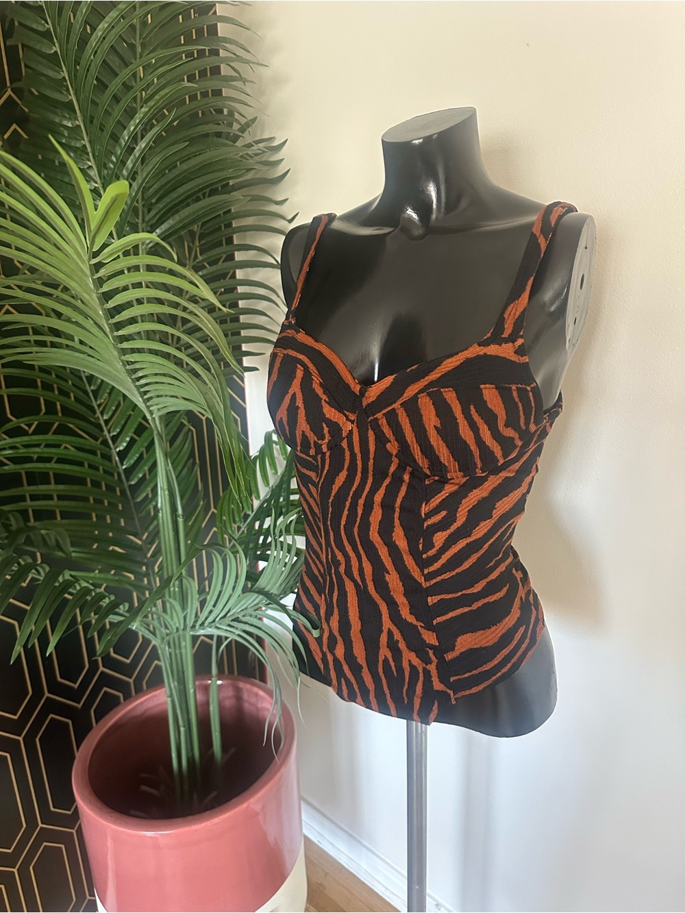 Tiger-Stripe Bodysuit Top in Black & Orange - Picture 2 of 4